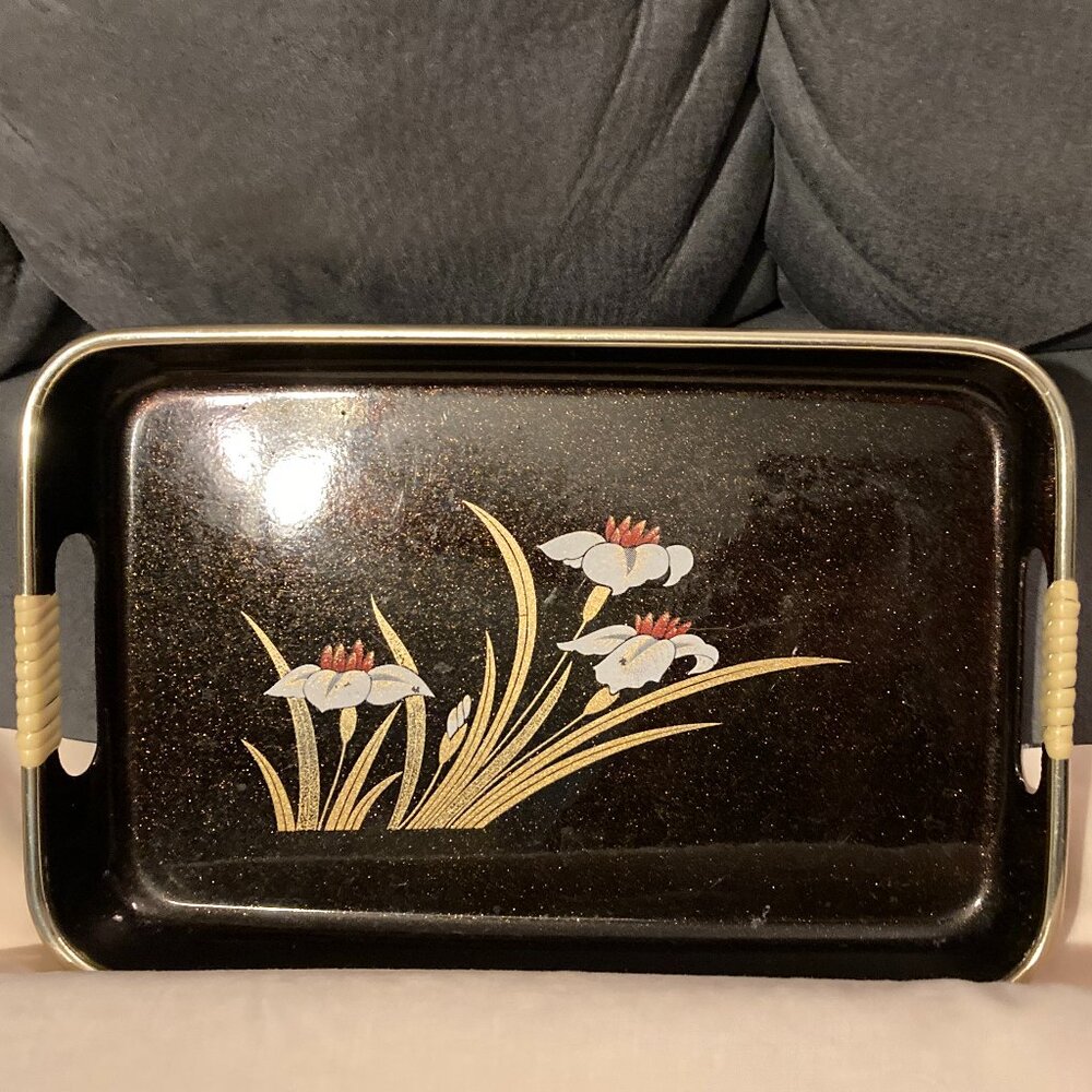 VTG 1970's Japanese LacquerWare Floral 10.5" X 7" Serving Tray-Black W/Gold Trim